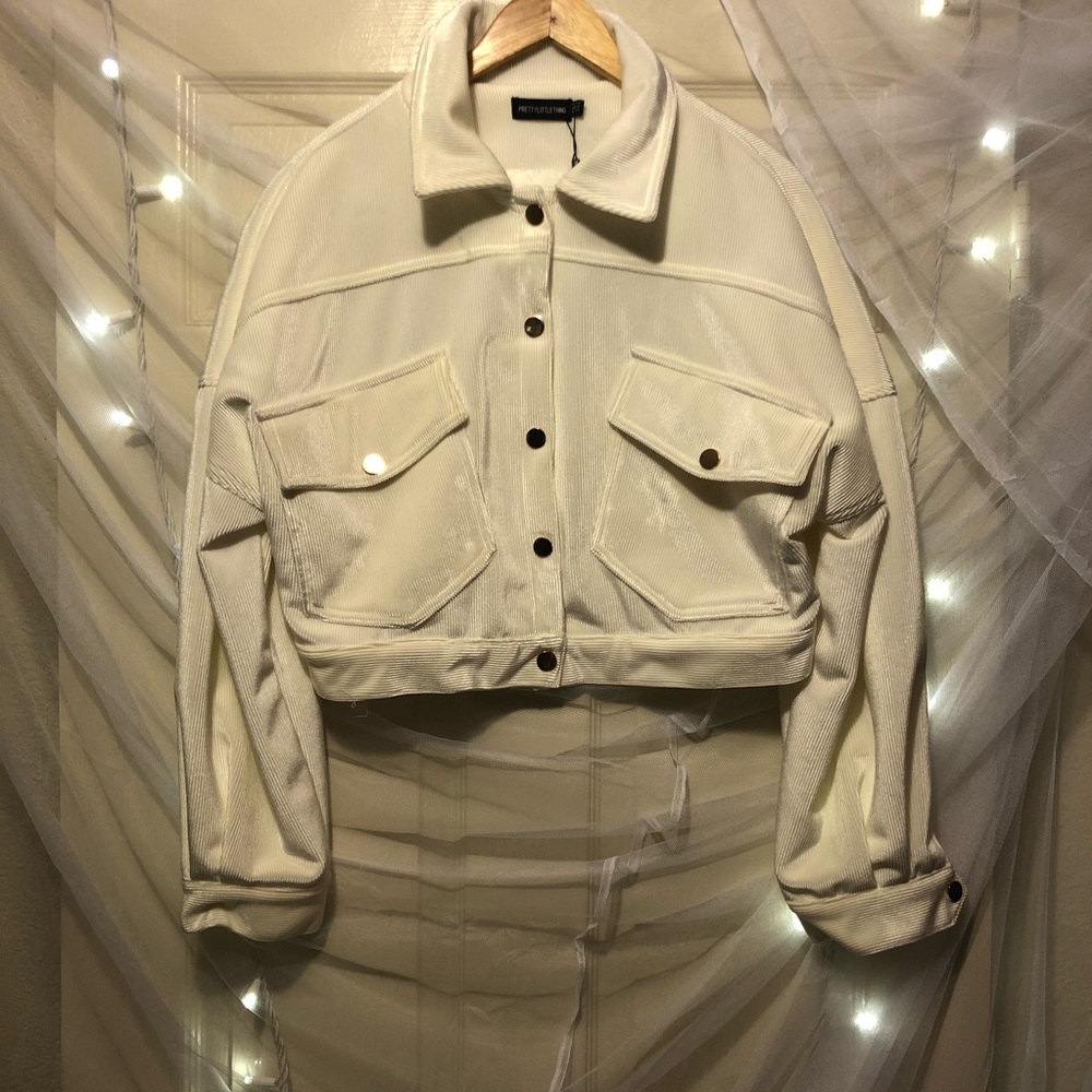 PLT white corduroy oversized trucker jacket